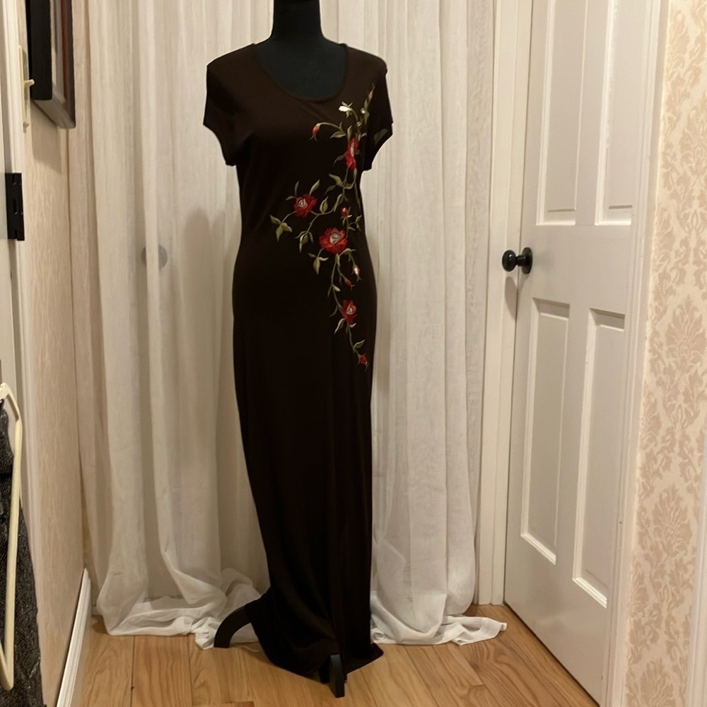 Elegant Brown Floral Maxi Dress, VINTAGE, MADE IN USA